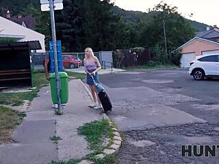 Blindfolded European girlfriend gets drilled by stranger while boyfriend watches in outdoor public pickup for cash with tattoo piercings and sucking