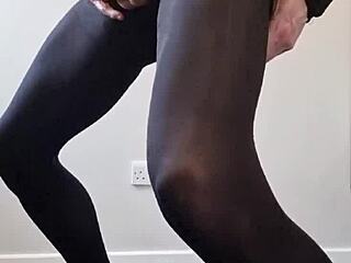 Big Tranny Cock Cums in Pantyhose Stockings