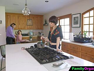 Old Man Bangs Daring Step Daughter and Wife in Kitchen Fantasy Fuck