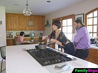 Old Man Bangs Daring Step Daughter and Wife in Kitchen Fantasy Fuck