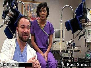 freshman jackie banes gets a mandatory hitachi orgasm from the nurse with gloves and tattoos