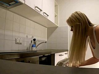 Hot sexy all natural big tits braless wife goes no panties in the kitchen