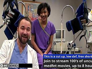 freshman jackie banes gets a mandatory hitachi orgasm from the nurse with gloves and tattoos