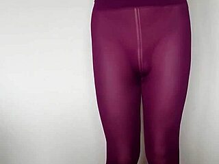 subtle cum tease on sexy burgundy leggings in latest update