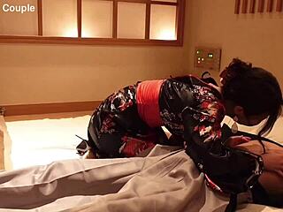 Girlfriend in kimono rides to intense orgasm