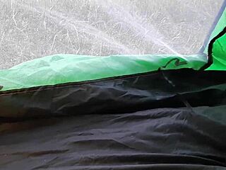 We hid in a tent during rain for passionate lesbian sex!