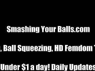 two hot milfs casually smash your balls in femdom session.