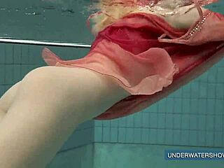 katya okuneva in red dress at pool with bikini and underwater shots
