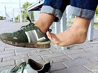 Tan nylon soles with blue jeans teasing on the bench, but i slipped up