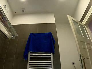 braless hot brunette skinny horny babe in pink mini skirt showing beautiful ass and legs in bathroom