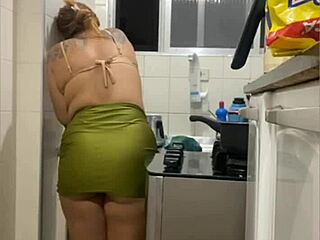 She's Doing Live in the Kitchen, Wearing Mini Skirt, Flashing Her Swollen Pussy