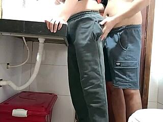 maid gets caught in the bathroom during her secret creampie session