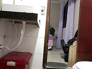 maid gets caught in the bathroom during her secret creampie session