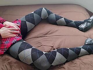 Shemale Jerking Off In Plaid Dress And Argyle Tights