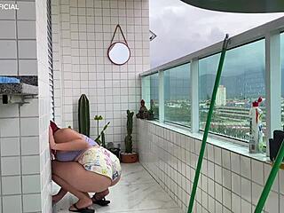 Security camera catches naughty maid in tight shorts