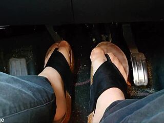 Nylon-clad feet with toe separators tease seductively in the car