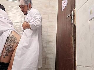 Hot nurse sneaks to hospital bathroom with doctor for fun.