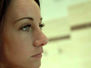 Brunette eveline enjoys bathroom love as she fingers her pussy