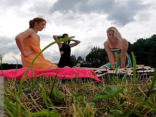 No panties girls flash outdoors in lingerie and miniskirts!