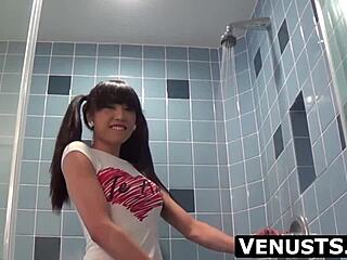 Hot Asian Pigtails Shemale Venus Luxx Jerking Off Her Big Cock In Solo Shower Masturbation
