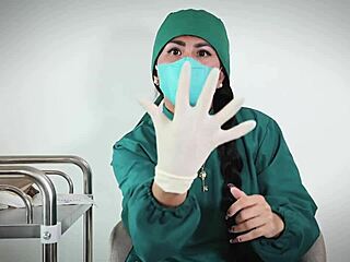 In the hospital, a nurse with latex gloves checks a patient, exploring her fetish.