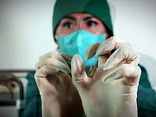 In the hospital, a nurse with latex gloves checks a patient, exploring her fetish.