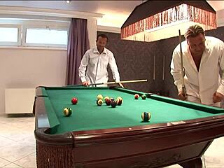 Raven hair babe Mandy Bright sucks and fucks two hard cocks in room.