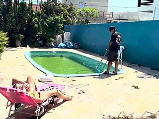 wife waits for husband to leave and fucks pool cleaner in red sheer