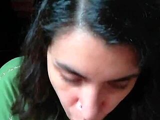 A couple shares a quickie blowjob, licking cum from hands in POV