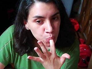 A couple shares a quickie blowjob, licking cum from hands in POV