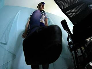 Bitchy flight attendant dominates with deepthroat and strapon in roleplay