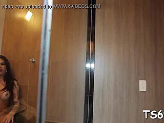 ladyboy vixen performs an intense tugjob on the cock