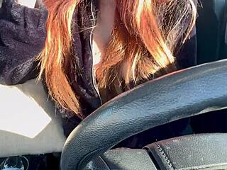 Italian big tits Artemisia Love solo car ride flashing big boobs in sun hard nipples long hair fetish