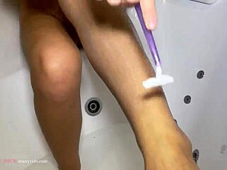 shaving pussy and legs of a beautiful brunette with natural tits pov