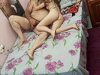 young muscular bodybuilder girl with hairy armpits in lingerie gets pussy eaten by old man