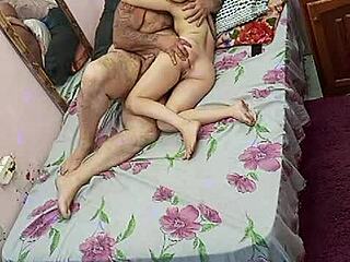 young muscular bodybuilder girl with hairy armpits in lingerie gets pussy eaten by old man