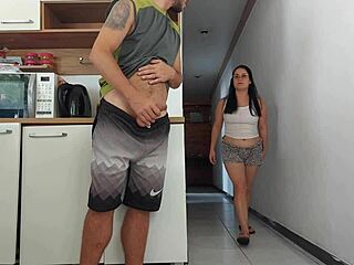 risky sex with husband's friend in kitchen while he bathes almost caught