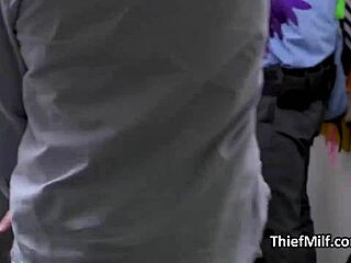 busty thief milf blowbanged in the backroom during her heist.