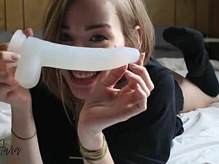 nerdy girl subtly pleasures herself with big dildo