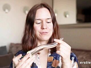 Anca engages in a detailed dildo session, bending over and masturbating her shaved pussy