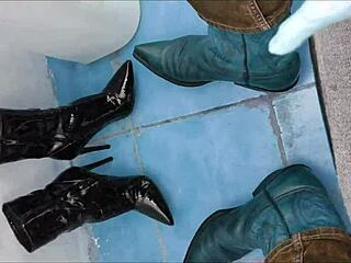 The woman pees on her ankle boots while walking outside in the story