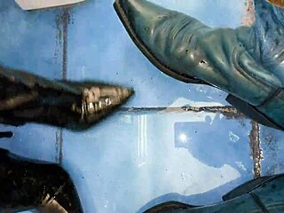 The woman pees on her ankle boots while walking outside in the story