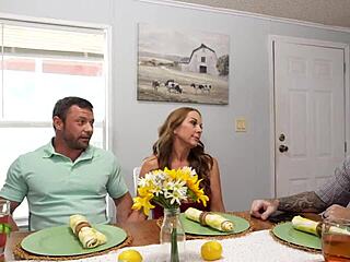 Stepmom licks and sucks big cock stepson while stepdad talks on phone