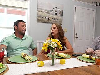 Stepmom licks and sucks big cock stepson while stepdad talks on phone