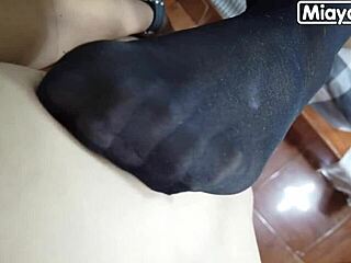 i play with my husband's big cock in nylon stockings until he cums on my feet