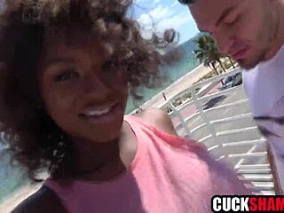 Ebony wife bangs white guy hard outdoors filming cuckold hubby reality