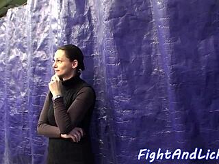 Muscular european lesbians wrestle dominate in boxing ring