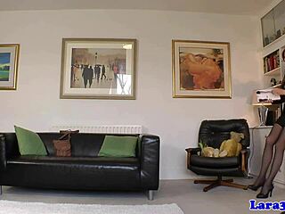 Classy British mature in lingerie and heels laps pussy while rubbing clit