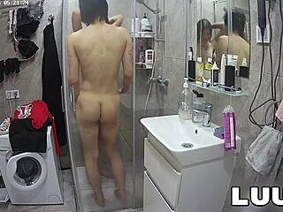 Luuv Alice tattoos flash shaved pussy and natural tits showering with boyfriend voyeur