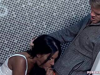 hot brunette milf drops to knees in toilet for deep blowjob and cumshot